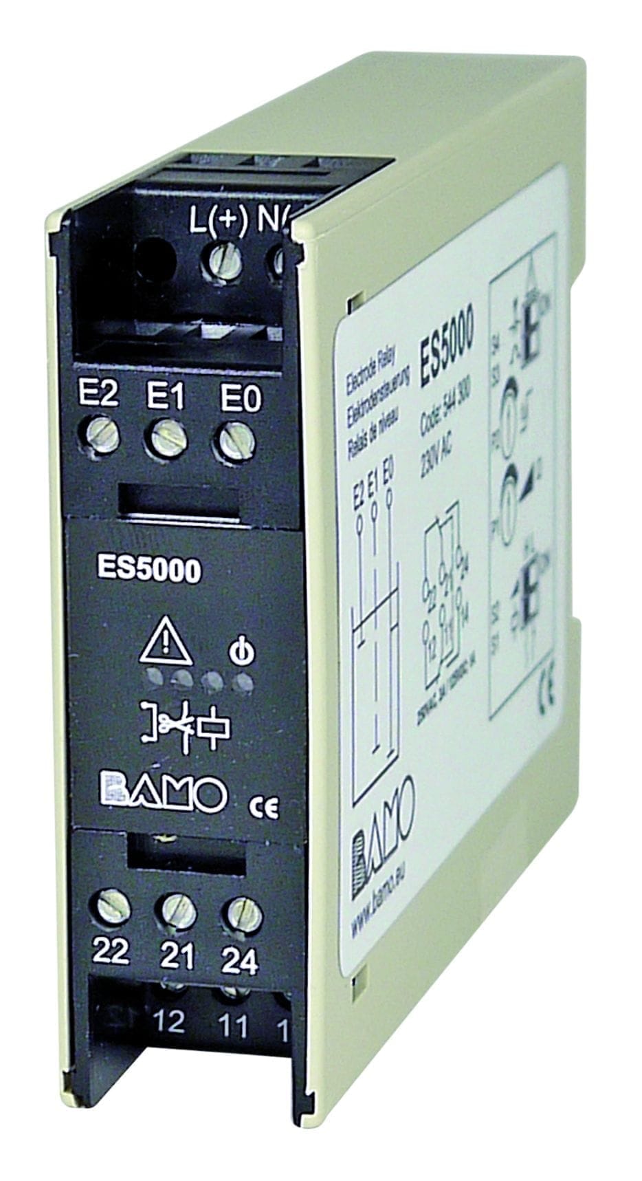 ES5000 elektroderelais voor DIN-railmontage, met schroefklemmen E0, E1 en E2 en het aansluitschema op de zijkant