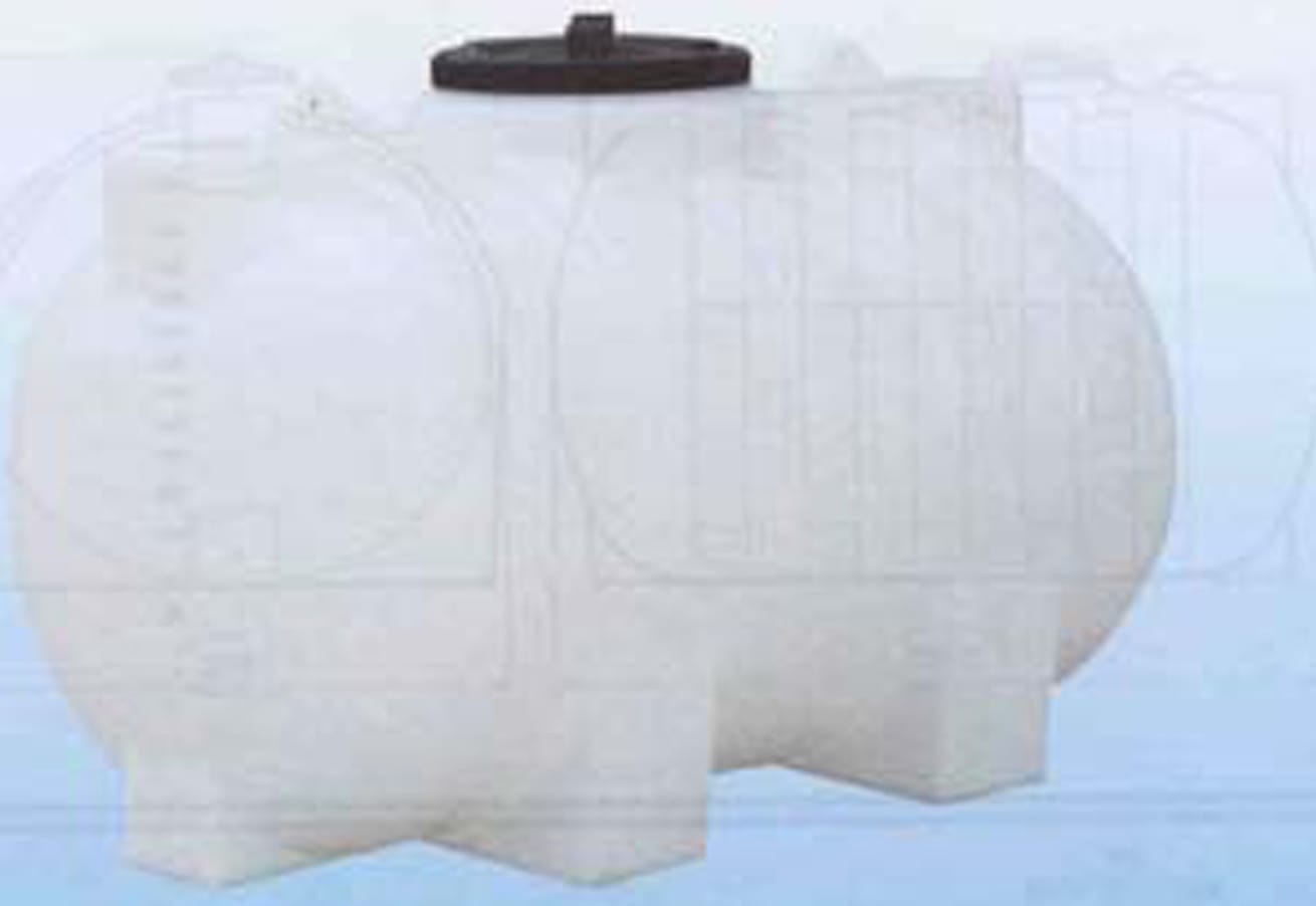 Witte liggende PE-tank met zwart schroefdeksel en aangevormde voeten, catalogusafbeelding