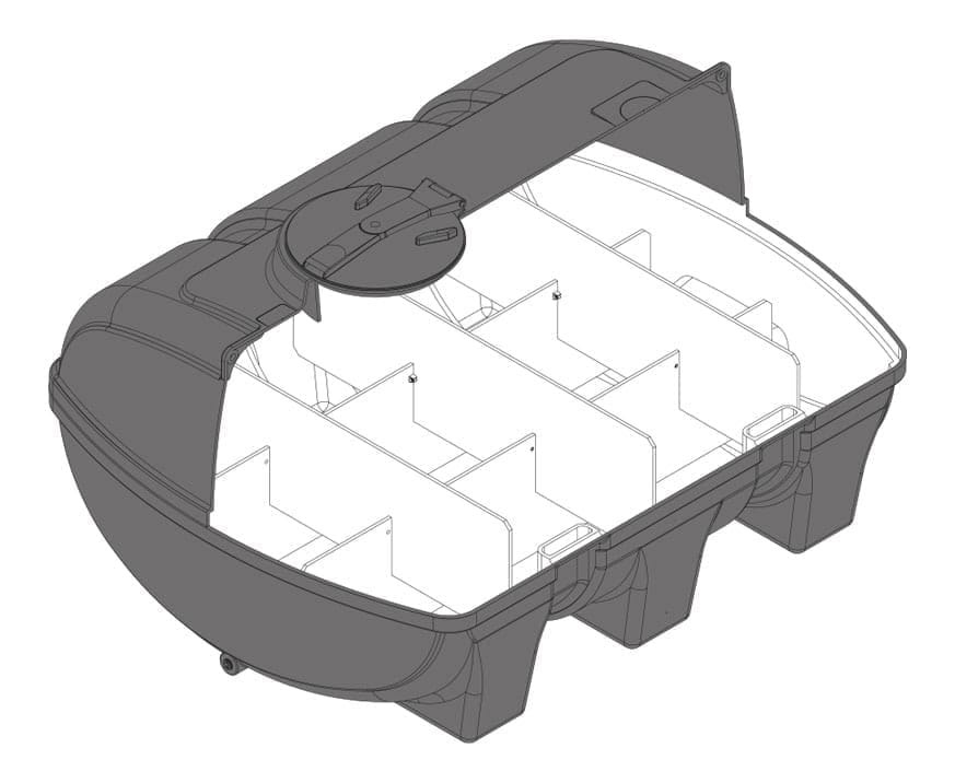 Lijntekening van een liggende transporttank met schotten tegen klotsen en een schroefdeksel op de bovenzijde