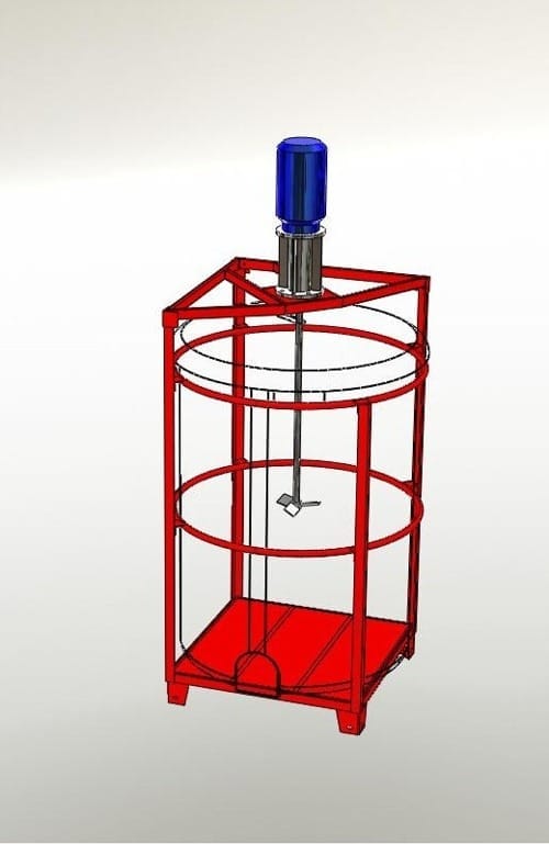 Tekening van Frame TL10: een kunststof tank in een rood stalen frame met hoekstijlen en een roerwerk op de bovenste traverse