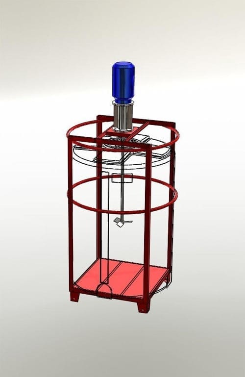 Tekening van een kunststof tank in een rood stalen frame op pootjes, met een roerwerk gemonteerd op de bovenste traverse