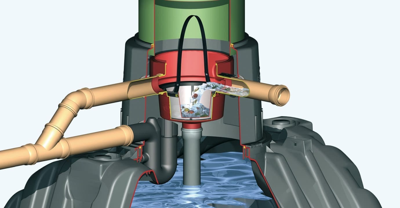 Doorsnede van een ingegraven GRAF-tank met interne universeelfilter in de koepel, met het filtermandje en de instromende regenwaterstraal