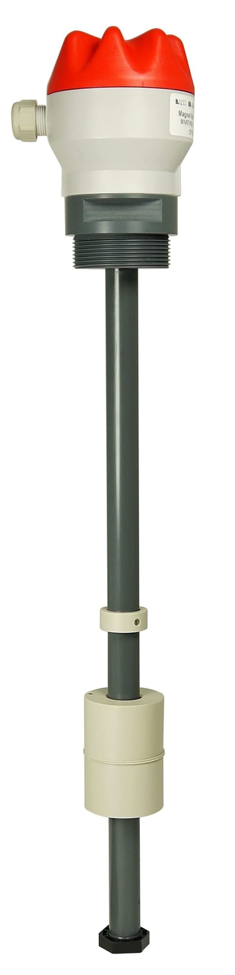 BAMO vlotter-magneetschakelaar met rode kap, grijze PVC-buis en een beige drijver om de buis