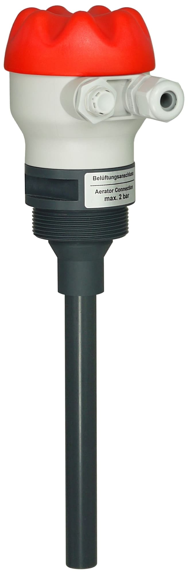 MEMPRO S63 hydrostatische niveaumeter in PVC-buisuitvoering, met rode kap en het opschrift beluchtingsaansluiting max. 2 bar