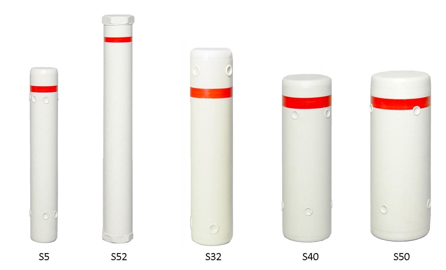 Vijf witte kunststof drijvers voor niveaumeting, typen S5, S52, S32, S40 en S50, elk met een rode markeringsband