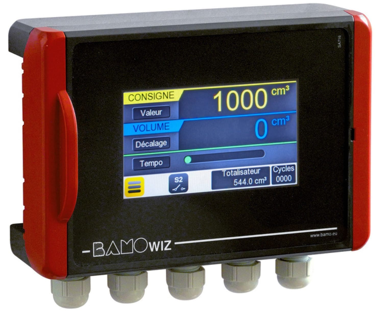 BAMOWIZ DOZ doseerbesturing; het display toont een ingestelde dosering van 1000 kubieke centimeter met totaalteller