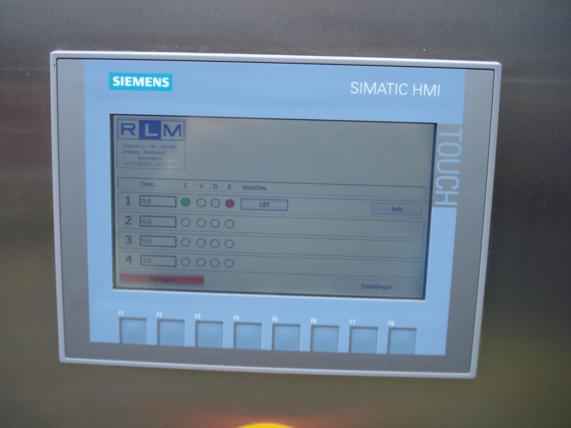 Siemens Simatic HMI-touchscreen in een rvs besturingskast, met het doseerscherm van RLM en vier meetkanalen