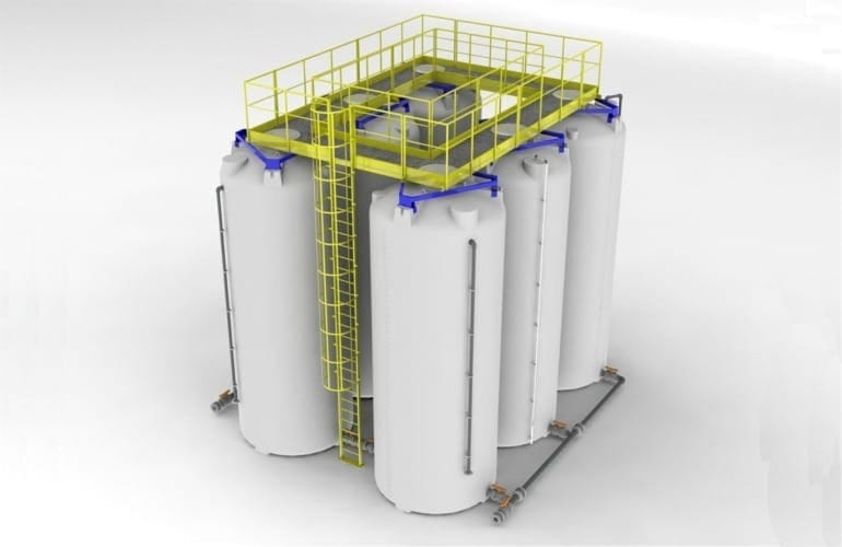 Ontwerptekening van een maatwerkbordes: zes witte staande tanks onder een geel loopbordes met kooiladder en verzamelleiding