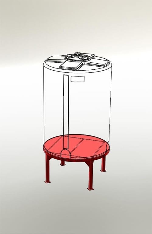 Tekening van Frame TL1: een kunststof tank op een laag rond stalen onderstel met vier pootjes