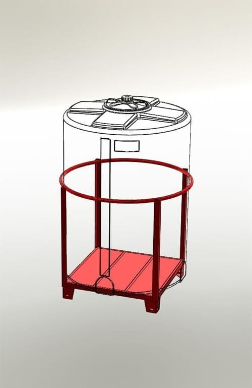 Tekening van Frame TL2: een kunststof tank in een rond stalen frame met één draagring op ongeveer halve hoogte