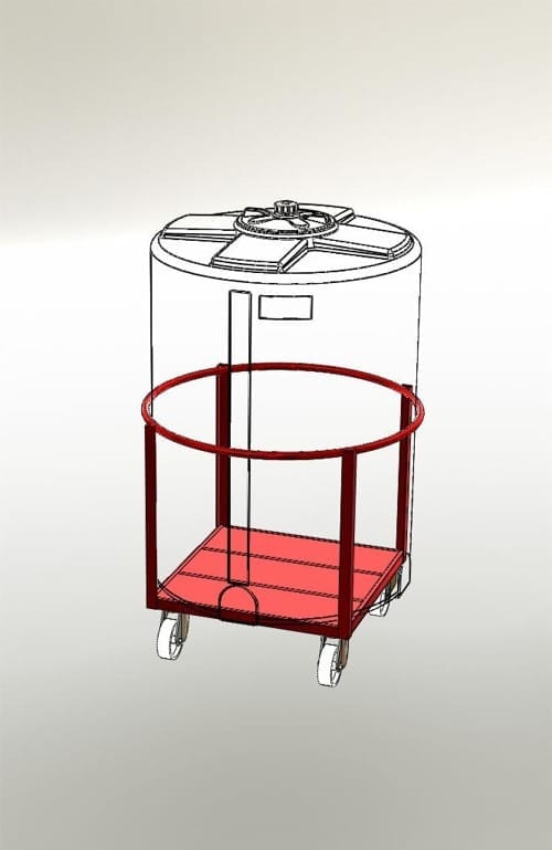 Tekening van Frame TL3: een kunststof tank op een vierkant stalen onderstel met wielen, voor verrijdbaar transport