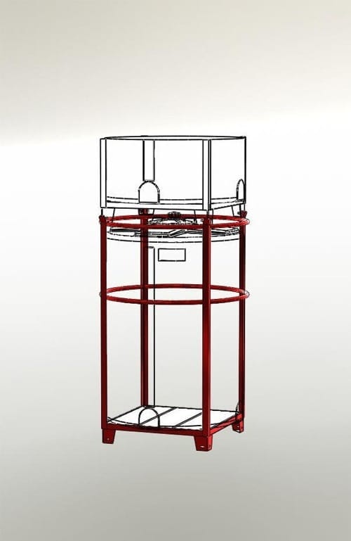 Tekening van Frame TL4: een kunststof tank in een hoog vierkant stalen frame met een roerwerk boven op de traverse