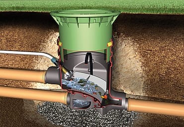 Doorsnedetekening van een extern GRAF-filterput met groen roosterdeksel, ingegraven tussen twee aanvoerbuizen, met een filtermandje boven het waterniveau