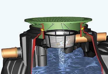 Doorsnedetekening van een GRAF-inspectieschacht met groen roosterdeksel en een cilindrisch filtermandje dat het instromende water opvangt