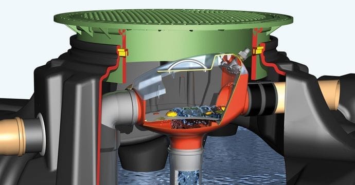 Doorsnedetekening van een GRAF Minimax Pro-filter in een inspectieschacht: een rode trechter met filterballen onder een doorzichtige koepel