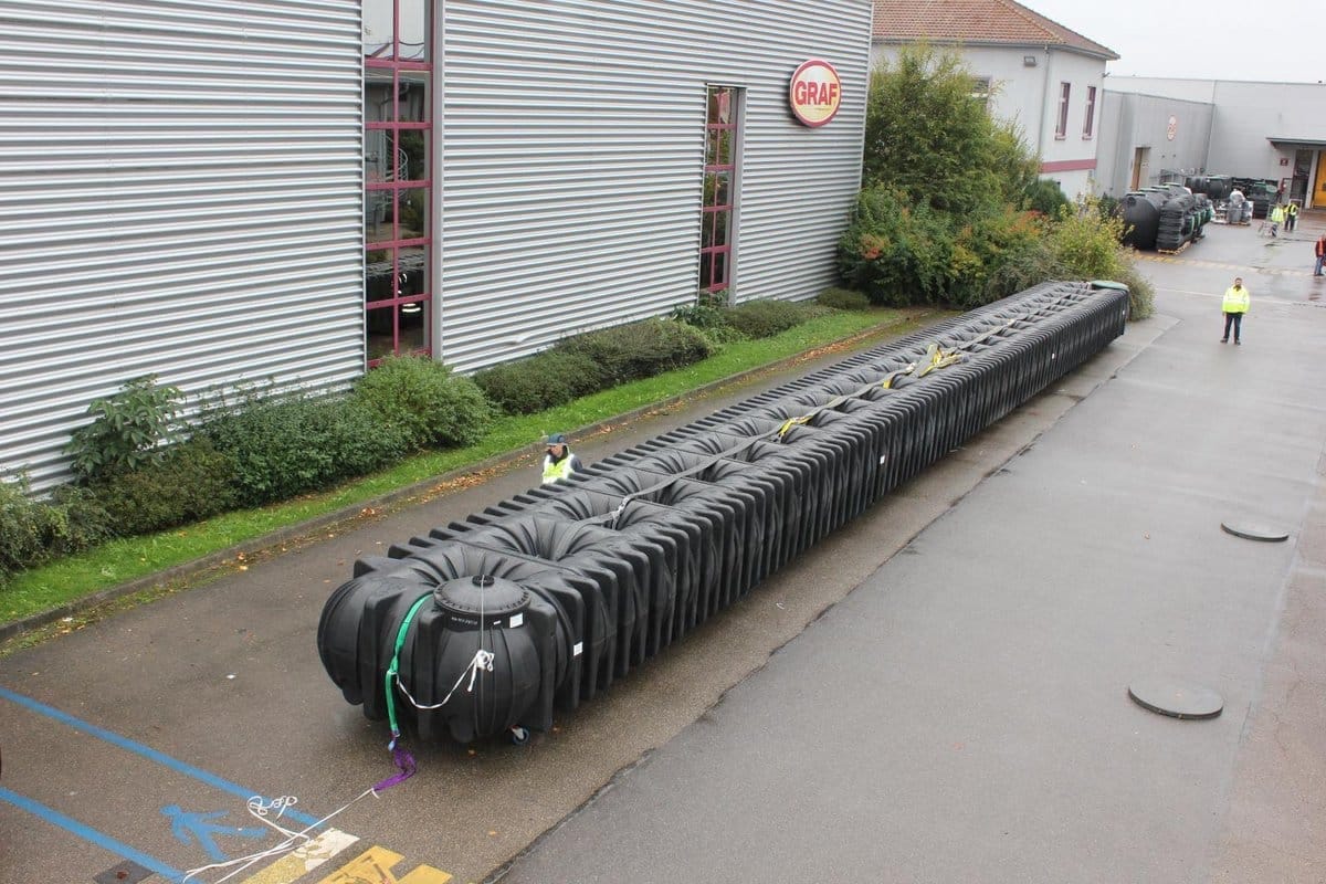 Lange rij zwarte GRAF-regenwatertanks aan elkaar gekoppeld op het terrein van de fabriek, met twee medewerkers erlangs voor de schaal