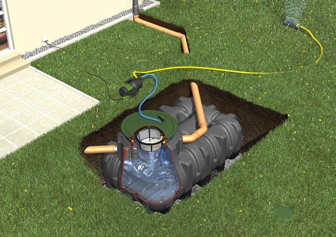 Doorsnedetekening van een ingegraven GRAF Platin tuinpakket, met een jetpomp naast de put en een slang naar de tuinsproeier