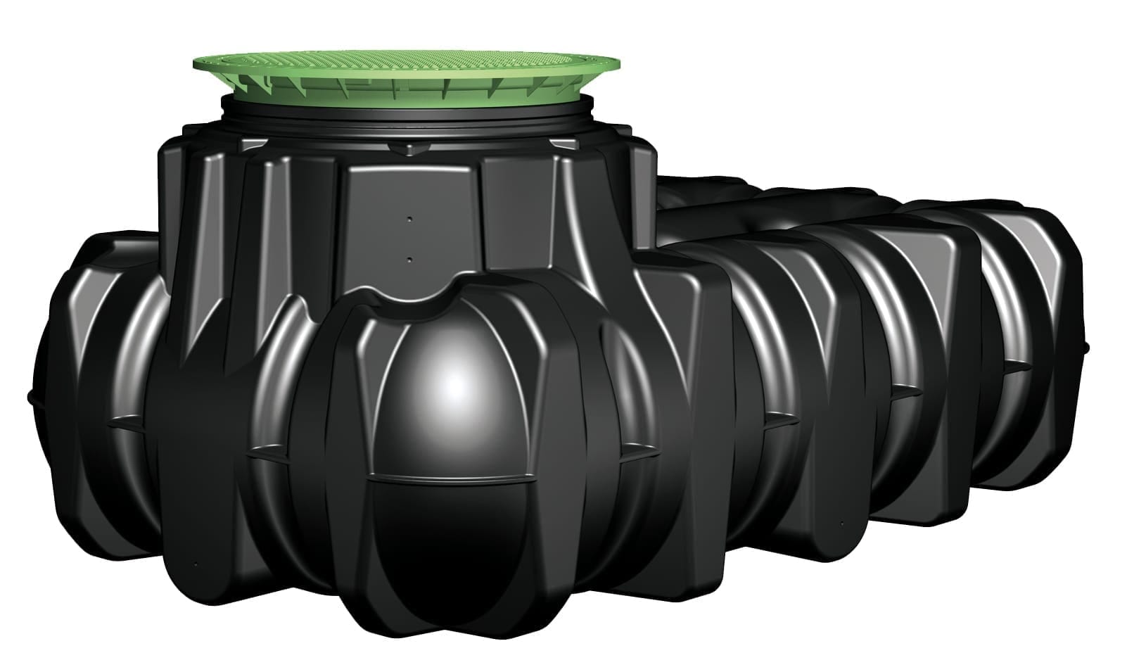 Zwarte vlakke liggende GRAF-regenwatertank met geribbelde wand en een groen looprooster op de koepel