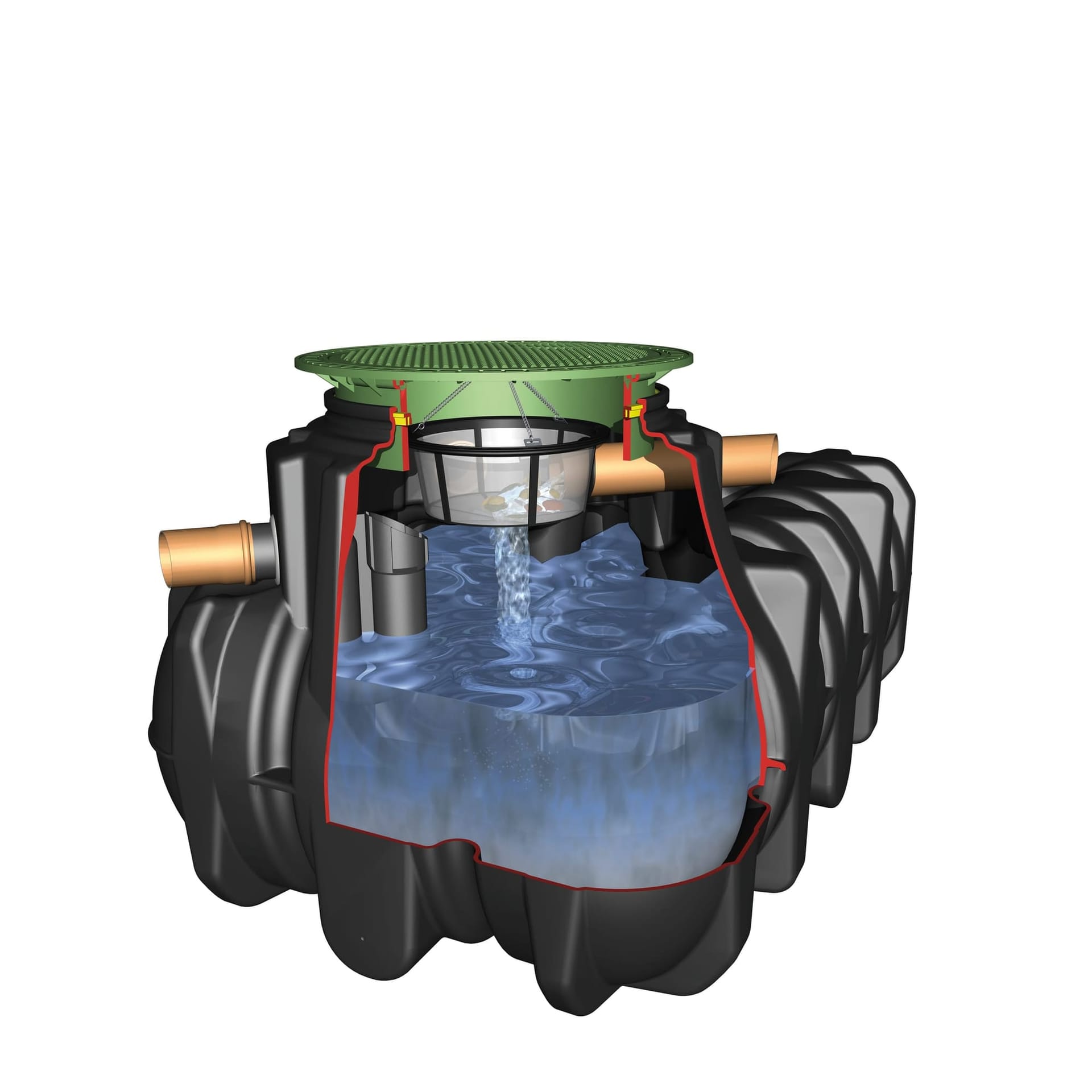 Doorsnede van een vlakke GRAF-regenwatertank met de koepel, het filtermandje en de aan- en afvoerleidingen zichtbaar